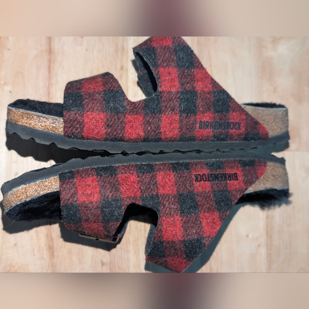 Birkenstock Arizona Shearling Plaid Sandals - Picture 4 of 8